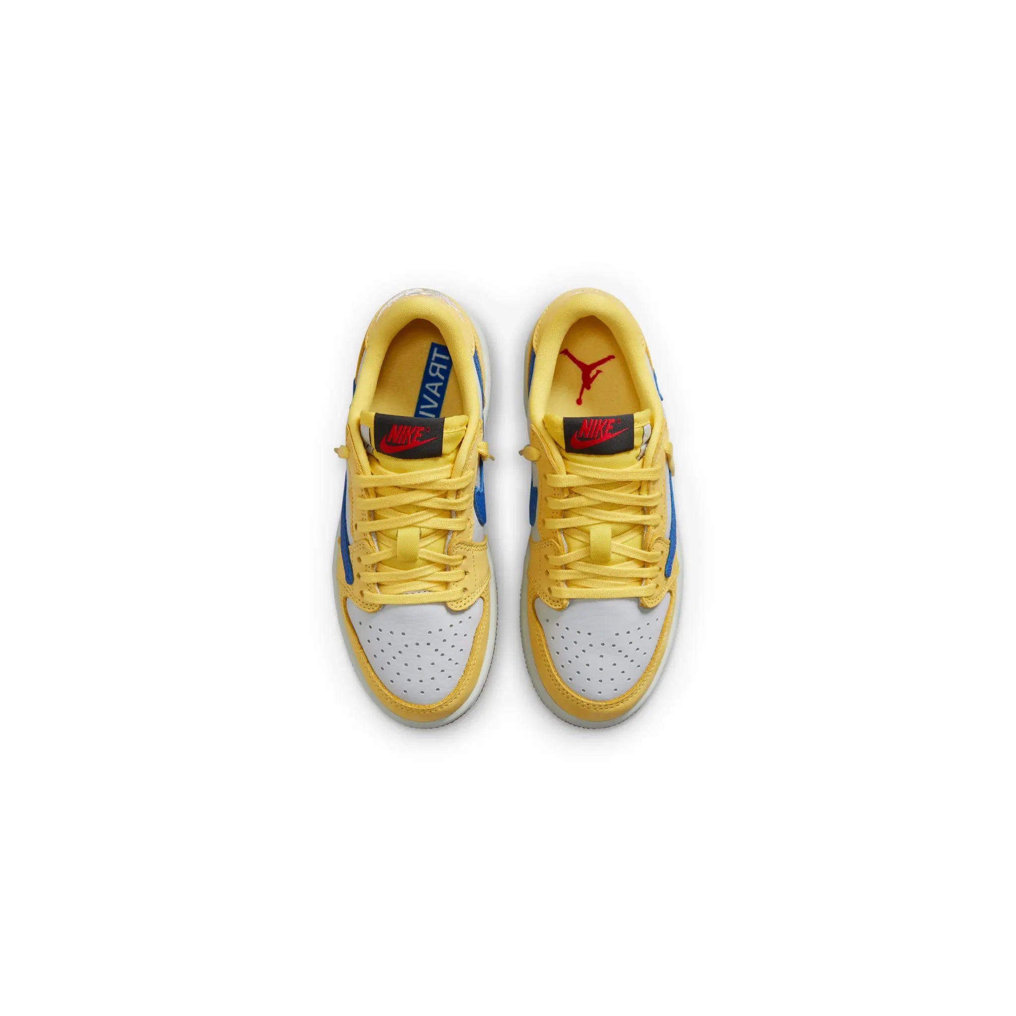 Top down View of travis scott x air jordan 1 low canary ps dz5909-700